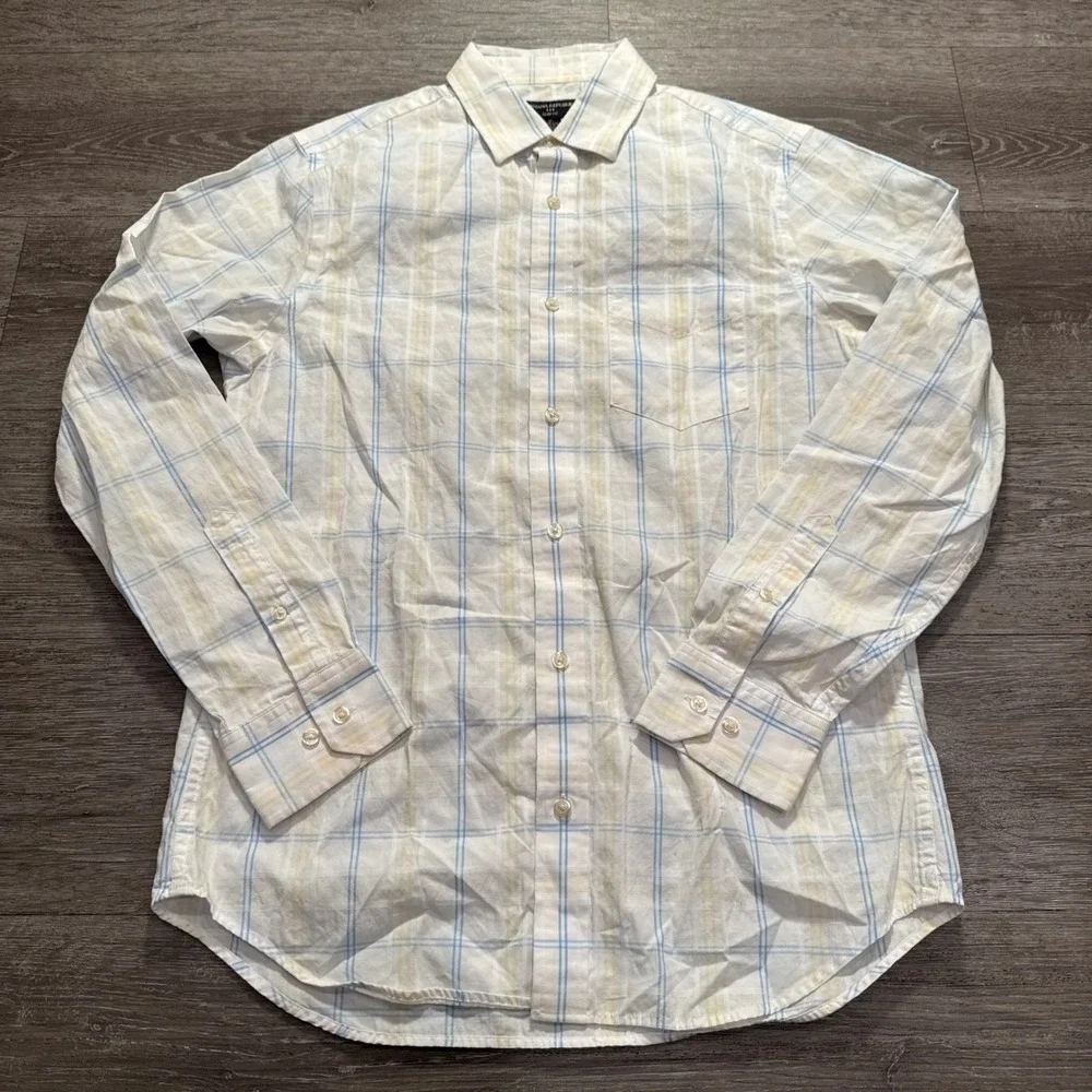 Banana Republic Shirt Mens M White Blue Yellow Cotton Slim Plaid Preppy Summer